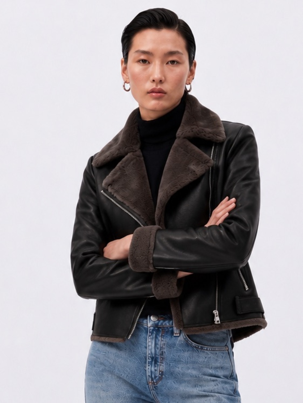 Mango Wool-Trimmed Faux Leather Moto Jacket - Dark Brown